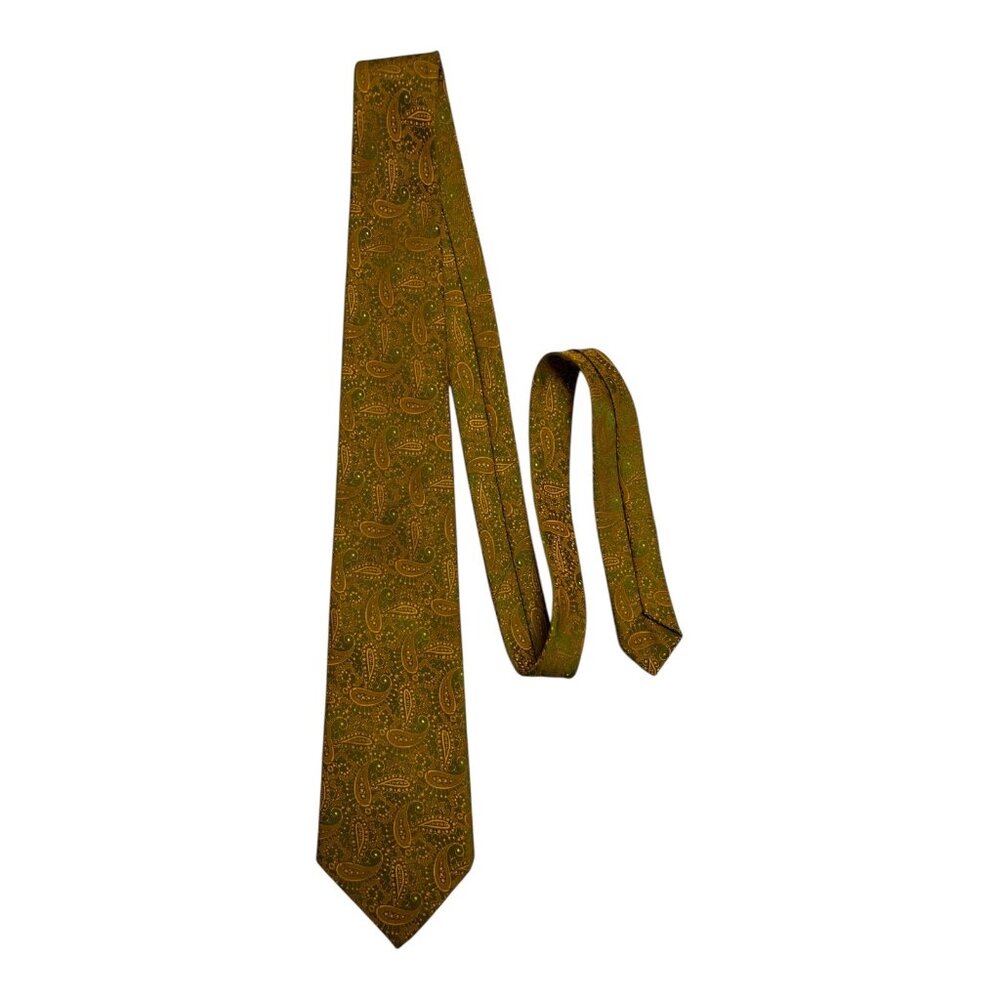 Vintage 1960s Superba Dacron Polyester Tie Olive Green Gold Paisley 54" x 3.5"